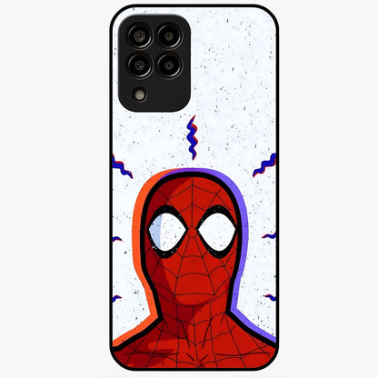Omg Spiderman Glass Case showing flat back view with bold superhero inspired artwork and glossy glass finish.