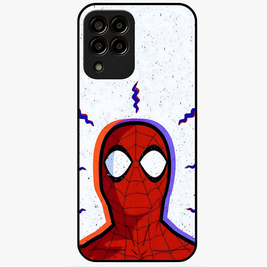 Omg Spiderman Glass Case showing flat back view with bold superhero inspired artwork and glossy glass finish.