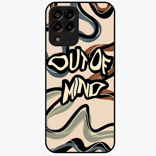 Out Of Mind Glass Case showing flat back view with expressive typography artwork and glossy glass finish.