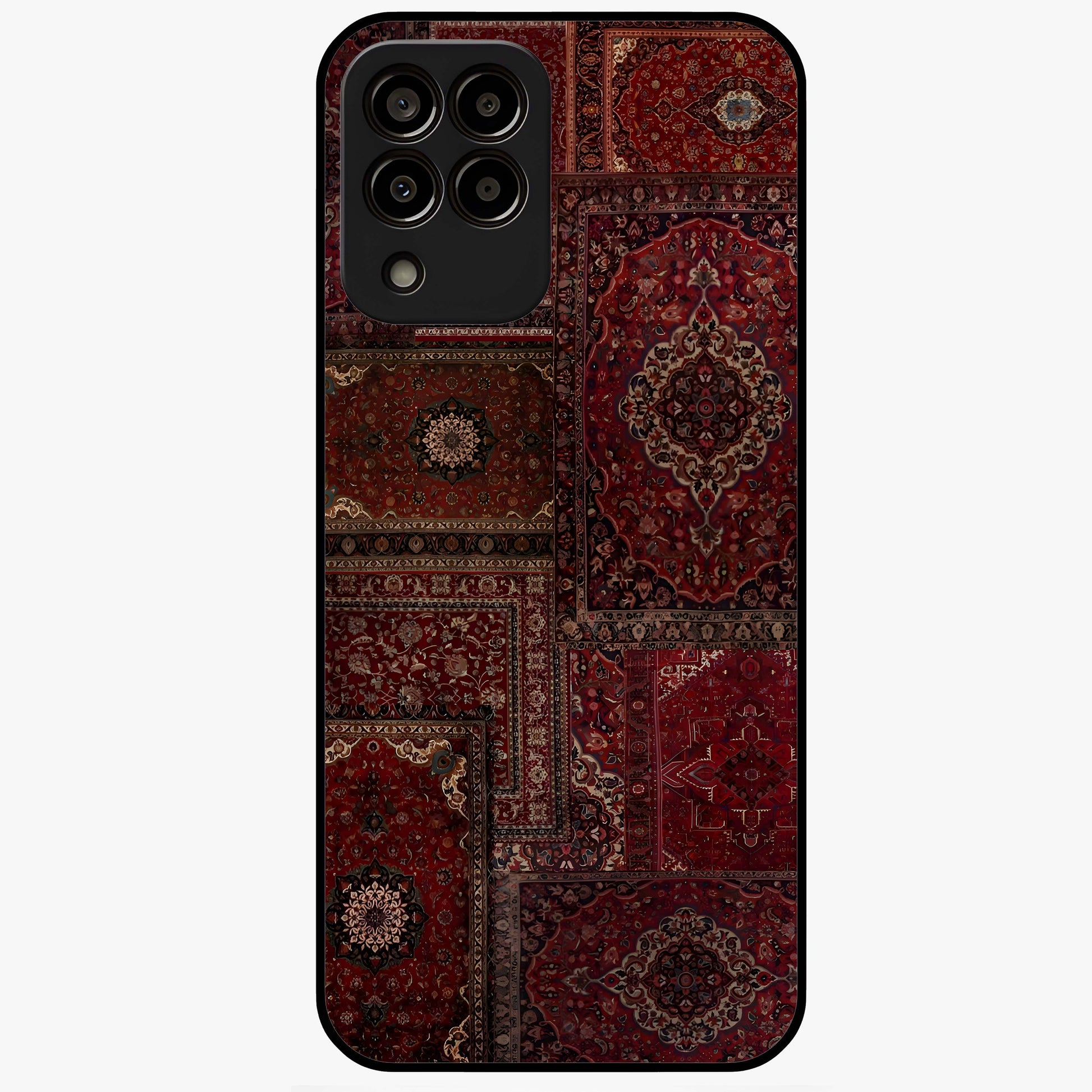 Persian Velvet Tale Glass Case showing flat back view with luxurious Persian velvet pattern artwork and glossy glass finish.