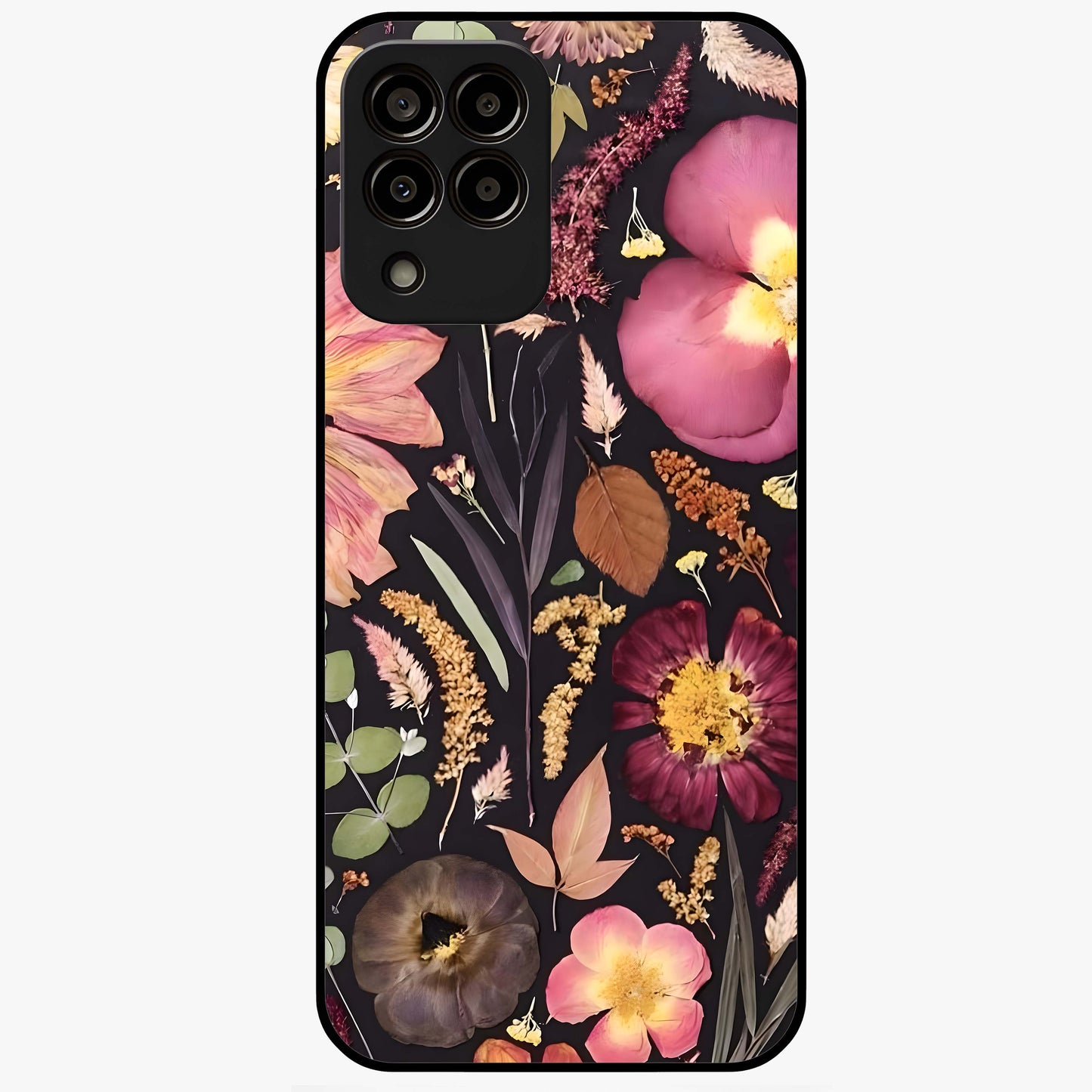 Petal Dream Tapestry Glass Case showing flat back view with intricate floral tapestry artwork and glossy glass finish.
