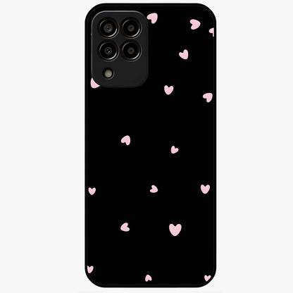Pink Love Drops Glass Case showing flat back view with playful pink heart drops artwork and glossy glass finish.