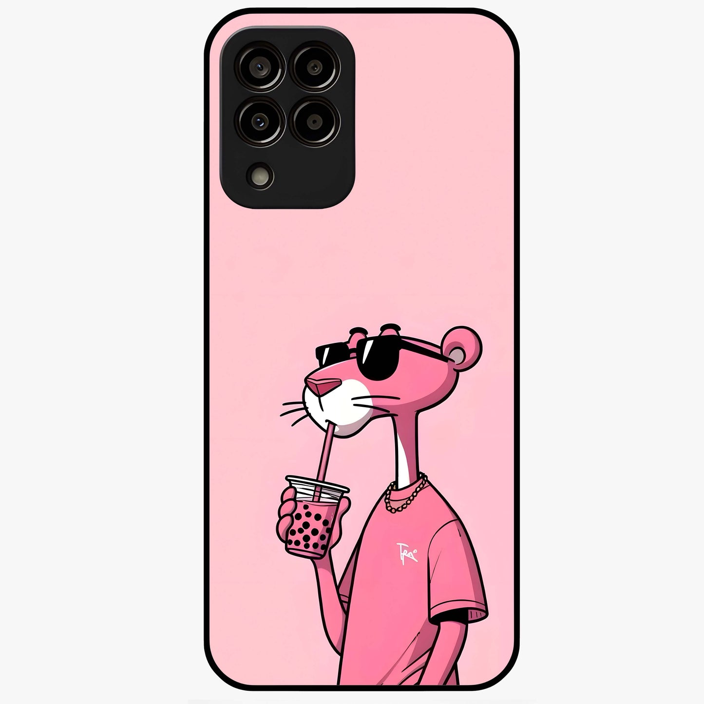 Pink Panther Glass Case showing flat back view with iconic pink panther artwork and glossy glass finish.