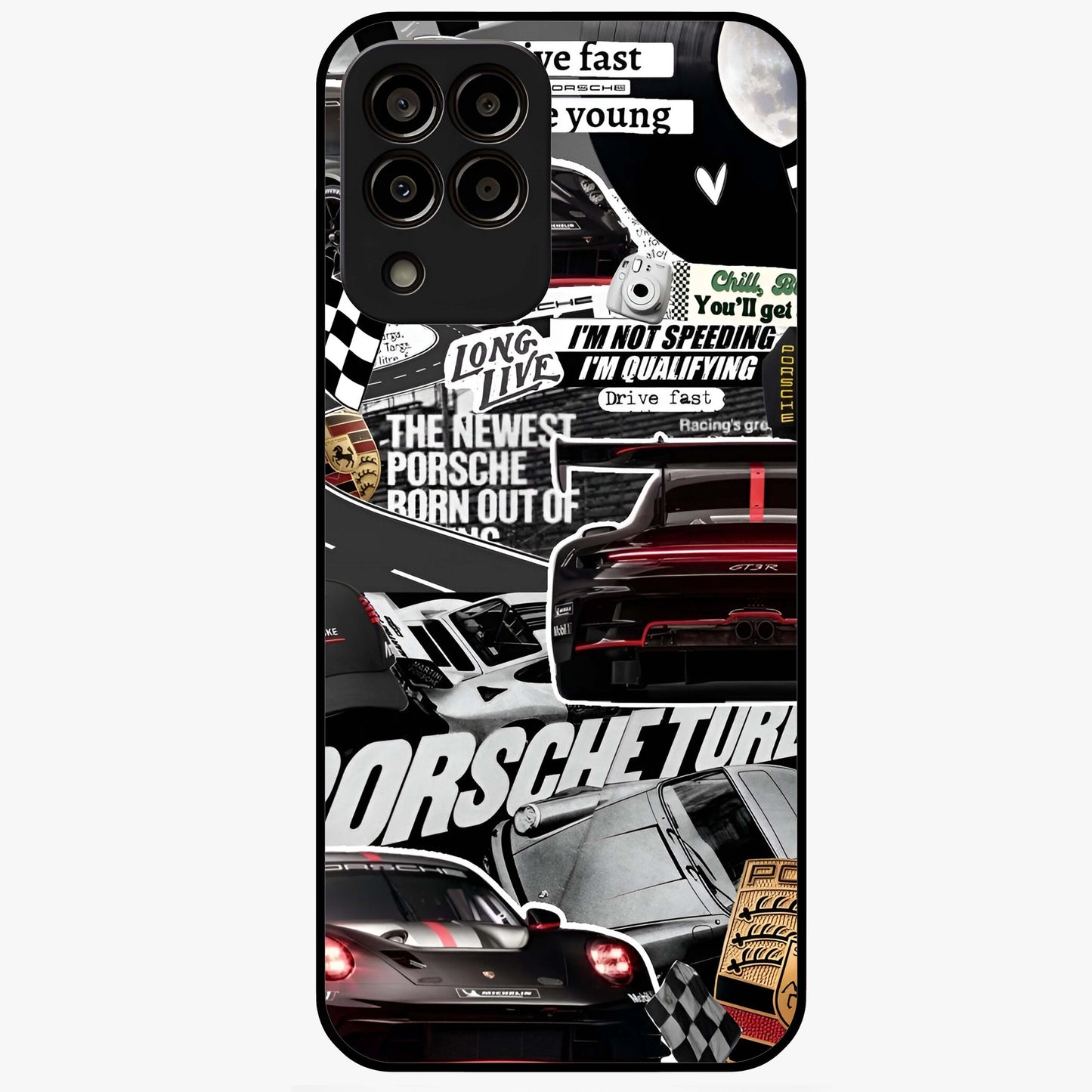 Porsche Racing Collage Glass Case showing flat back view with sports car racing collage artwork and glossy glass finish.