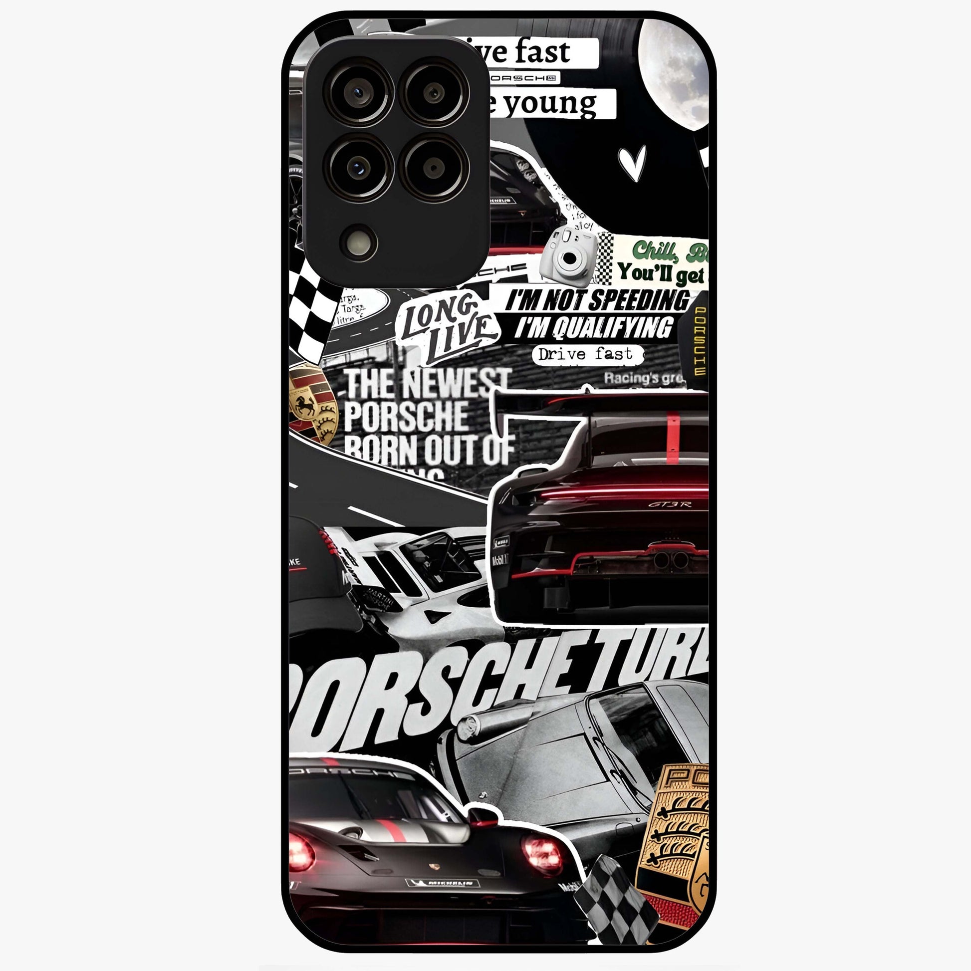Porsche Racing Collage Glass Case showing flat back view with sports car racing collage artwork and glossy glass finish.