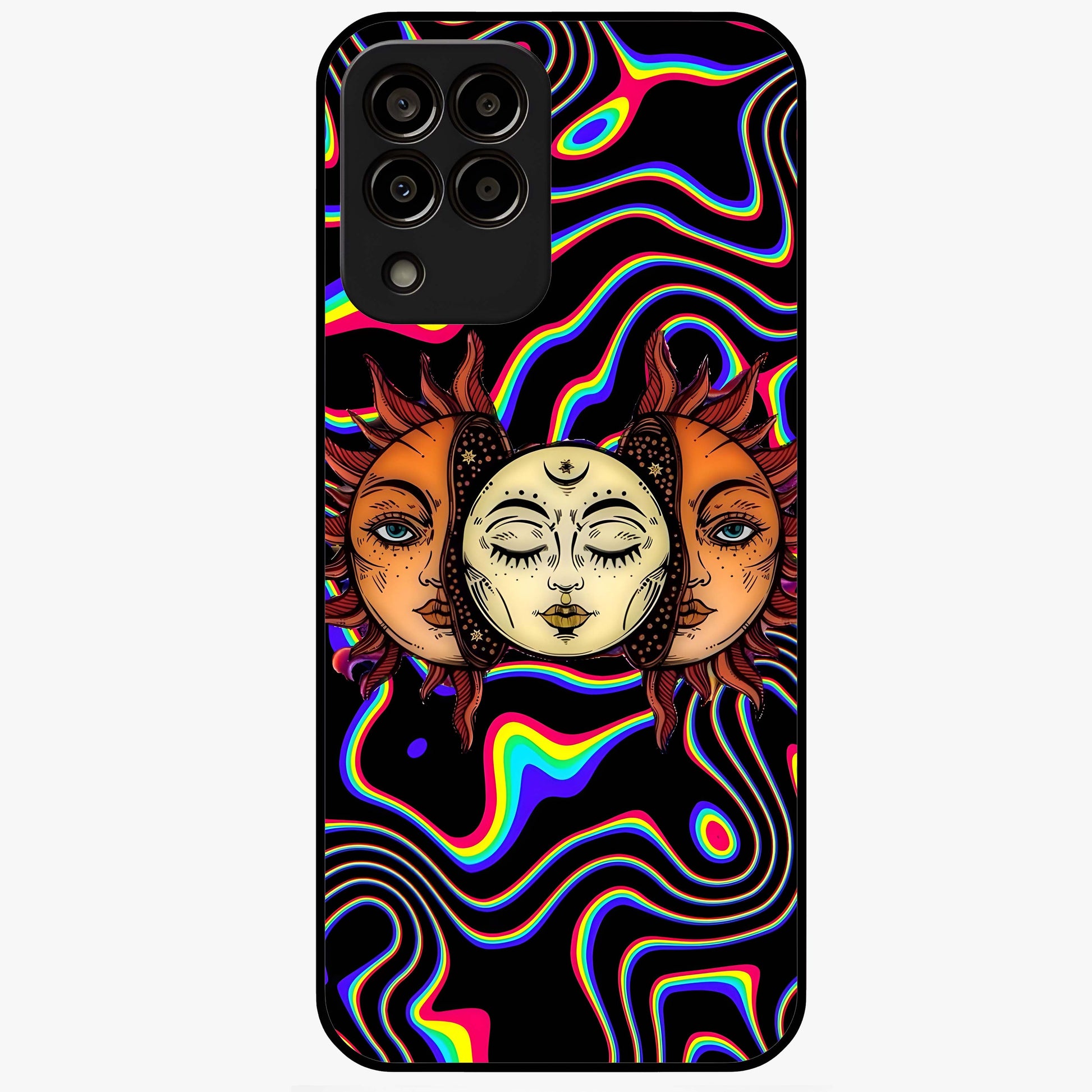 Psychedelic Sun Glass Case showing flat back view with colorful psychedelic sun artwork and glossy glass finish.