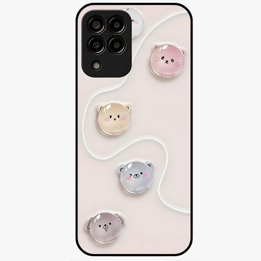 Puffy Face Parade Glass Case showing flat back view with cute puffy character faces artwork and glossy glass finish.
