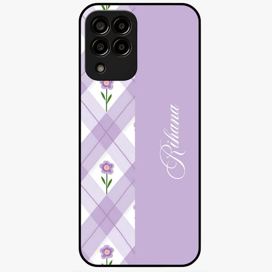 Purple Diamond Floral Glass Case showing flat back view with diamond shaped floral artwork and glossy glass finish.