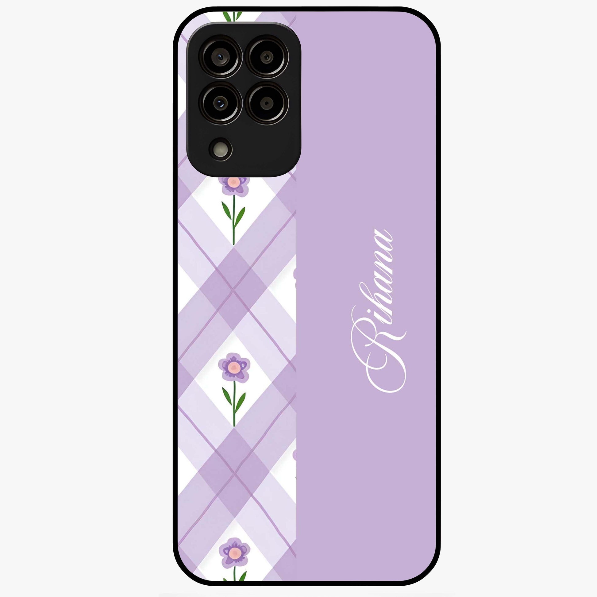 Purple Diamond Floral Glass Case showing flat back view with diamond shaped floral artwork and glossy glass finish.