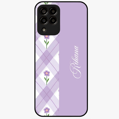 Purple Diamond Floral Glass Case showing flat back view with diamond shaped floral artwork and glossy glass finish.