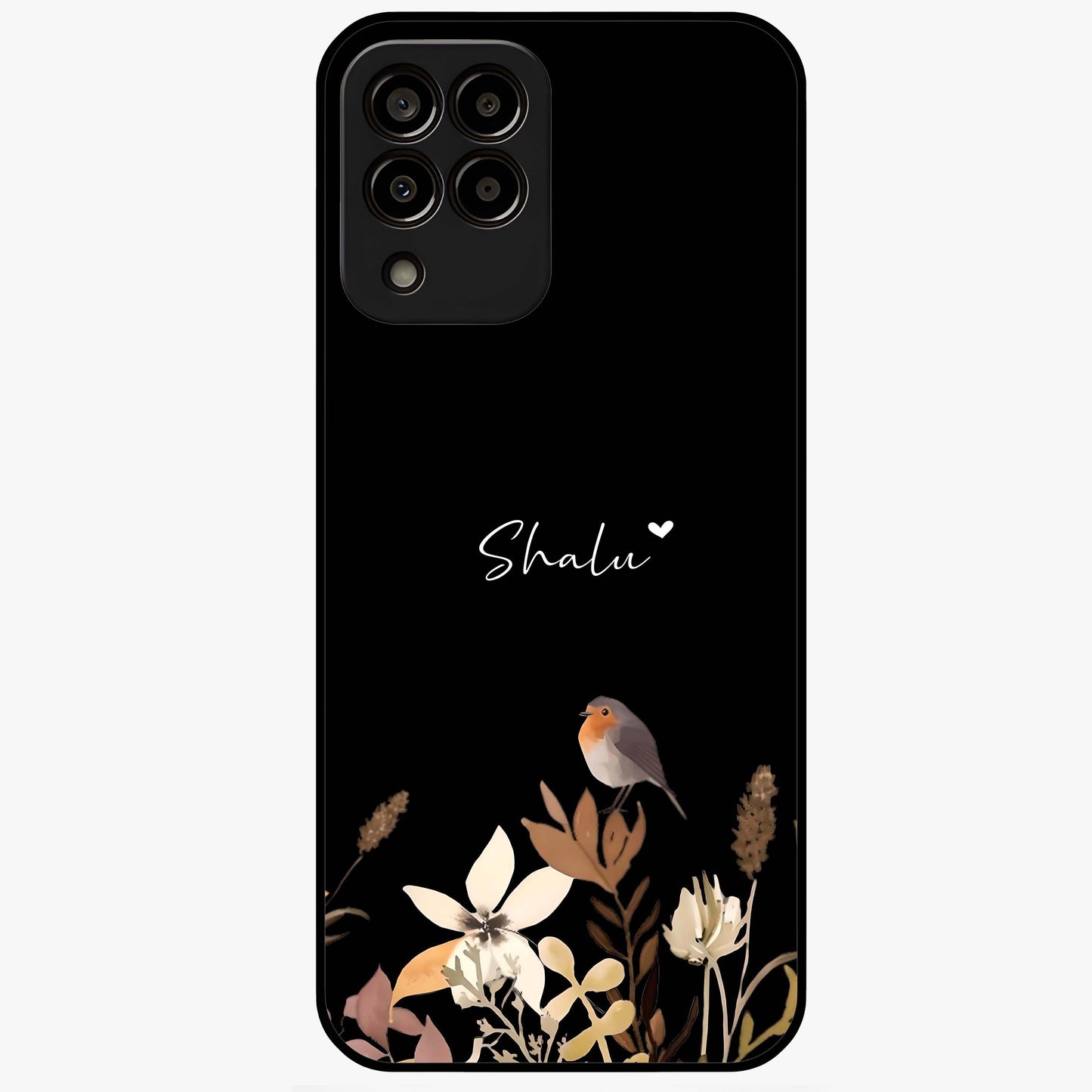 Quiet Garden Tune Custom Name Glass Case showing flat back view with peaceful garden artwork and personalized name design.