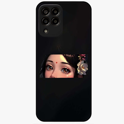 Radha Divine Embrace Glass Case showing flat back view with devotional Radha artwork and glossy glass finish.