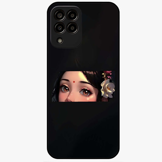 Radha Divine Embrace Glass Case showing flat back view with devotional Radha artwork and glossy glass finish.