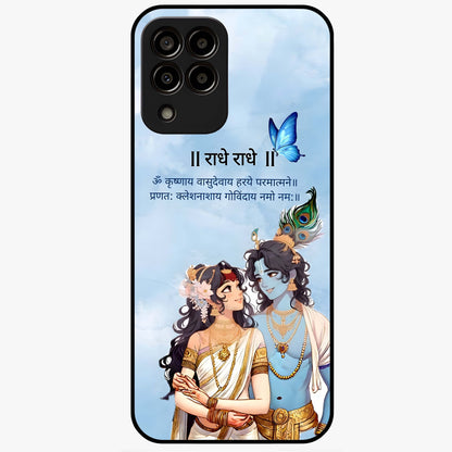 Radha Krishna Eternal Glass Case showing flat back view with Radha Krishna devotional artwork and glossy glass finish.