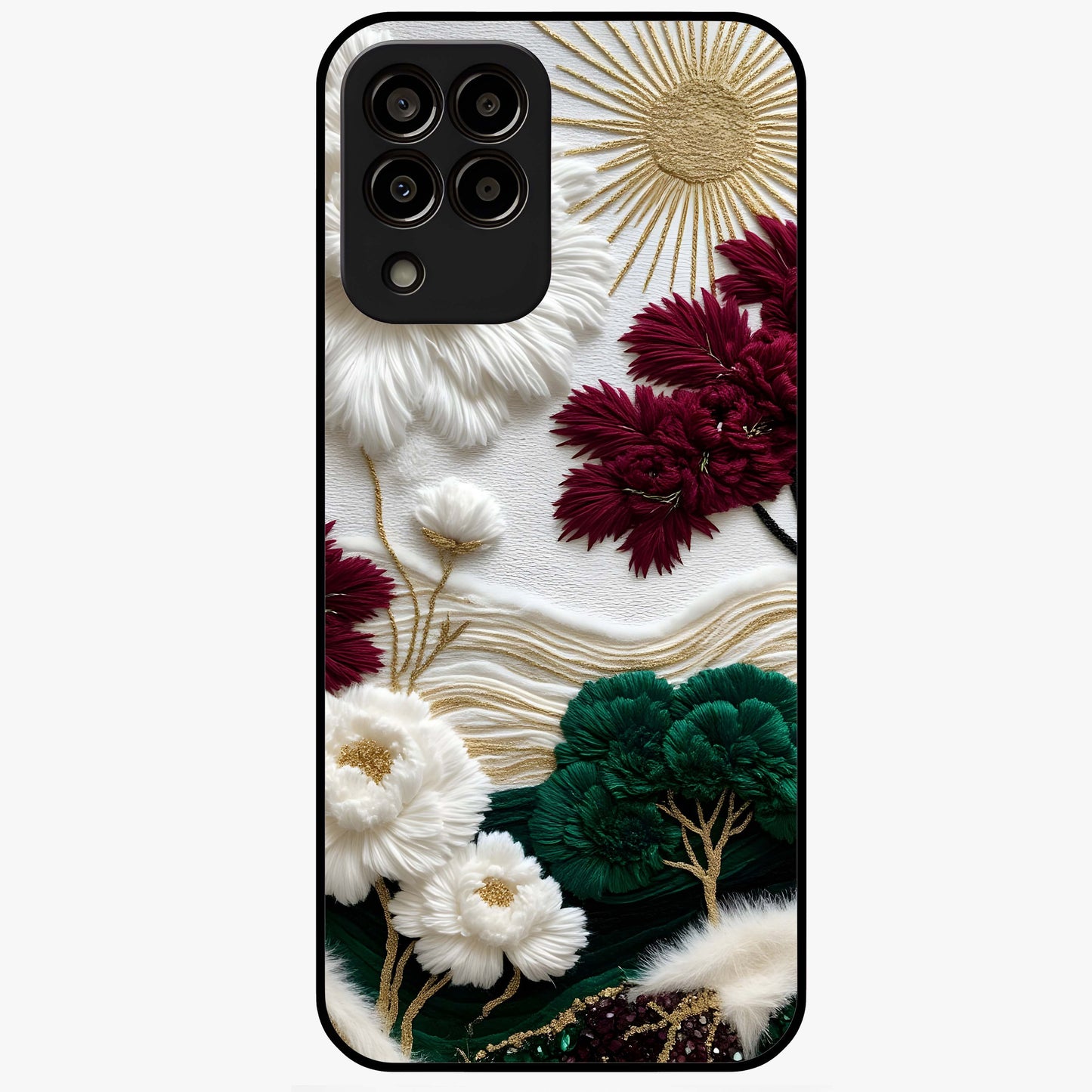 Radiant Bloom Elegance Glass Case showing flat back view with elegant blooming flower artwork and glossy glass finish.