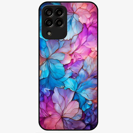 Radiant Floral Whirl Glass Case showing flat back view with swirling floral artwork and glossy glass finish.