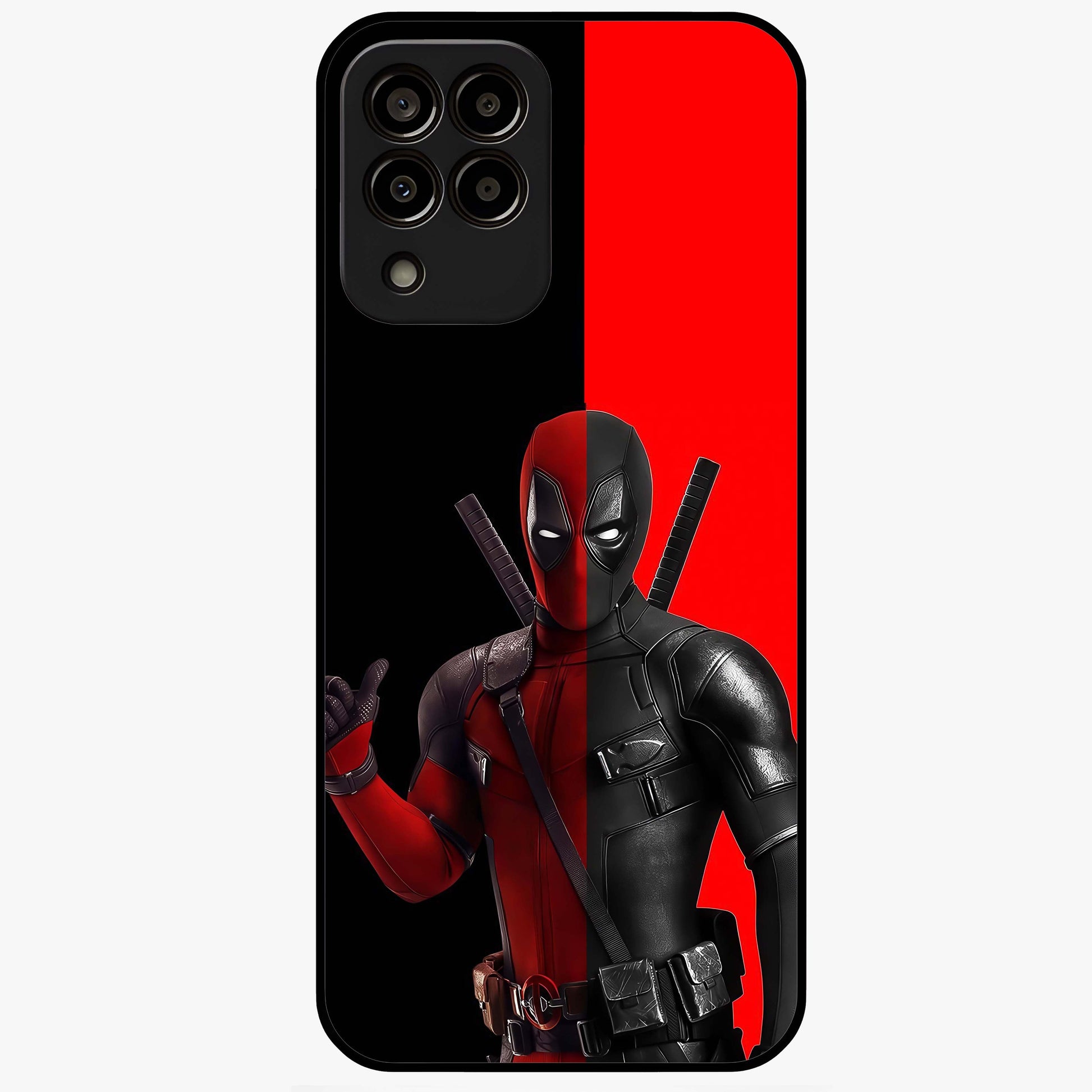 Red & Black Deadpool Theme Glass Case showing flat back view with bold comic inspired artwork and glossy glass finish.