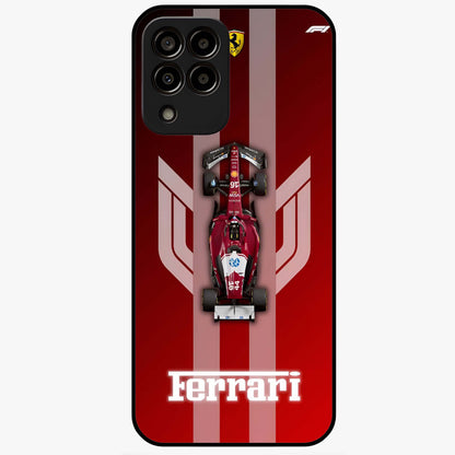 Red Ferrari F1 Vertical Glass Case showing flat back view with sleek Formula racing car artwork and glossy glass finish.