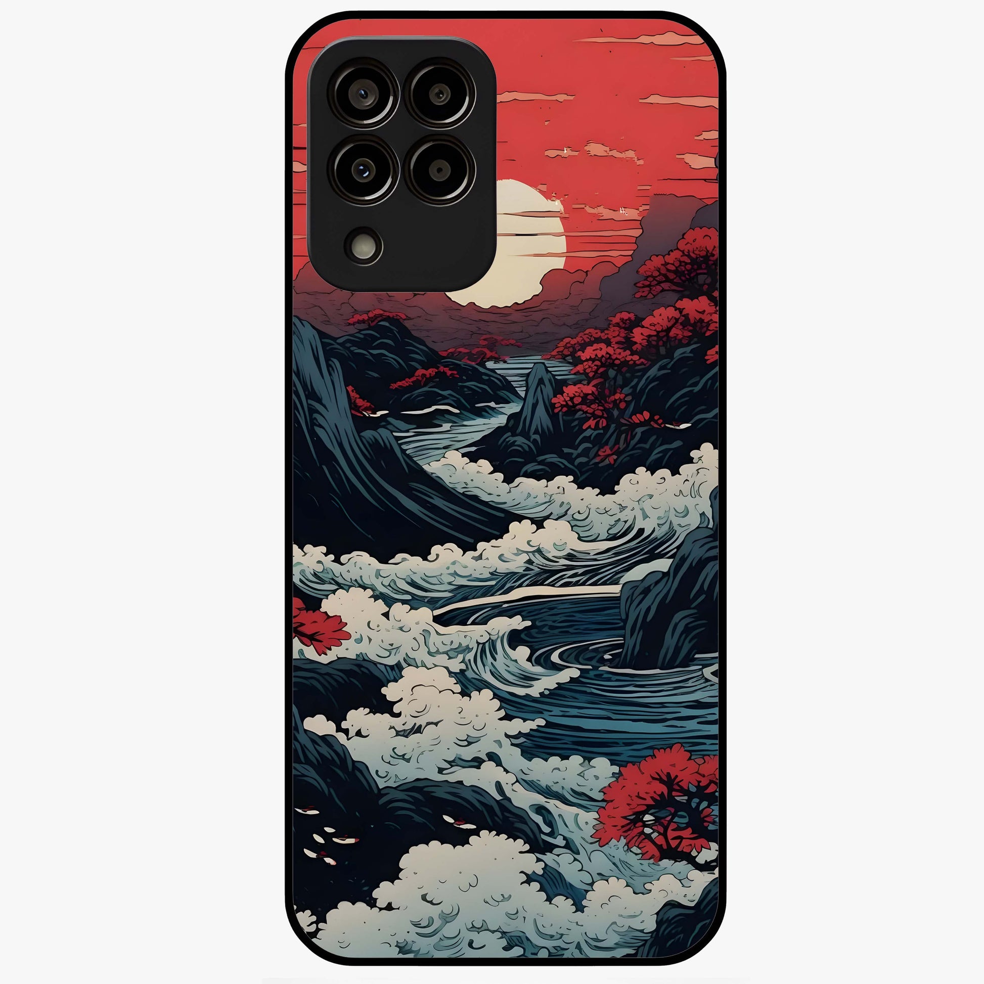 Red Sunset Scenery Glass Case showing flat back view with vibrant sunset landscape artwork and glossy glass finish.