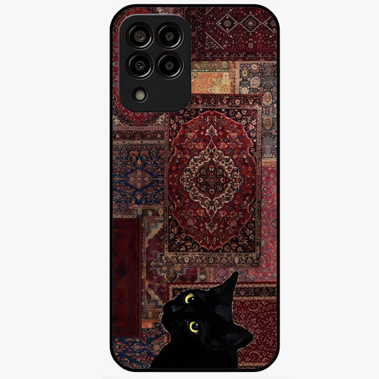 Regal Magic Cat Apple Glass Case showing flat back view with magical cat artwork holding apple and glossy glass finish.
