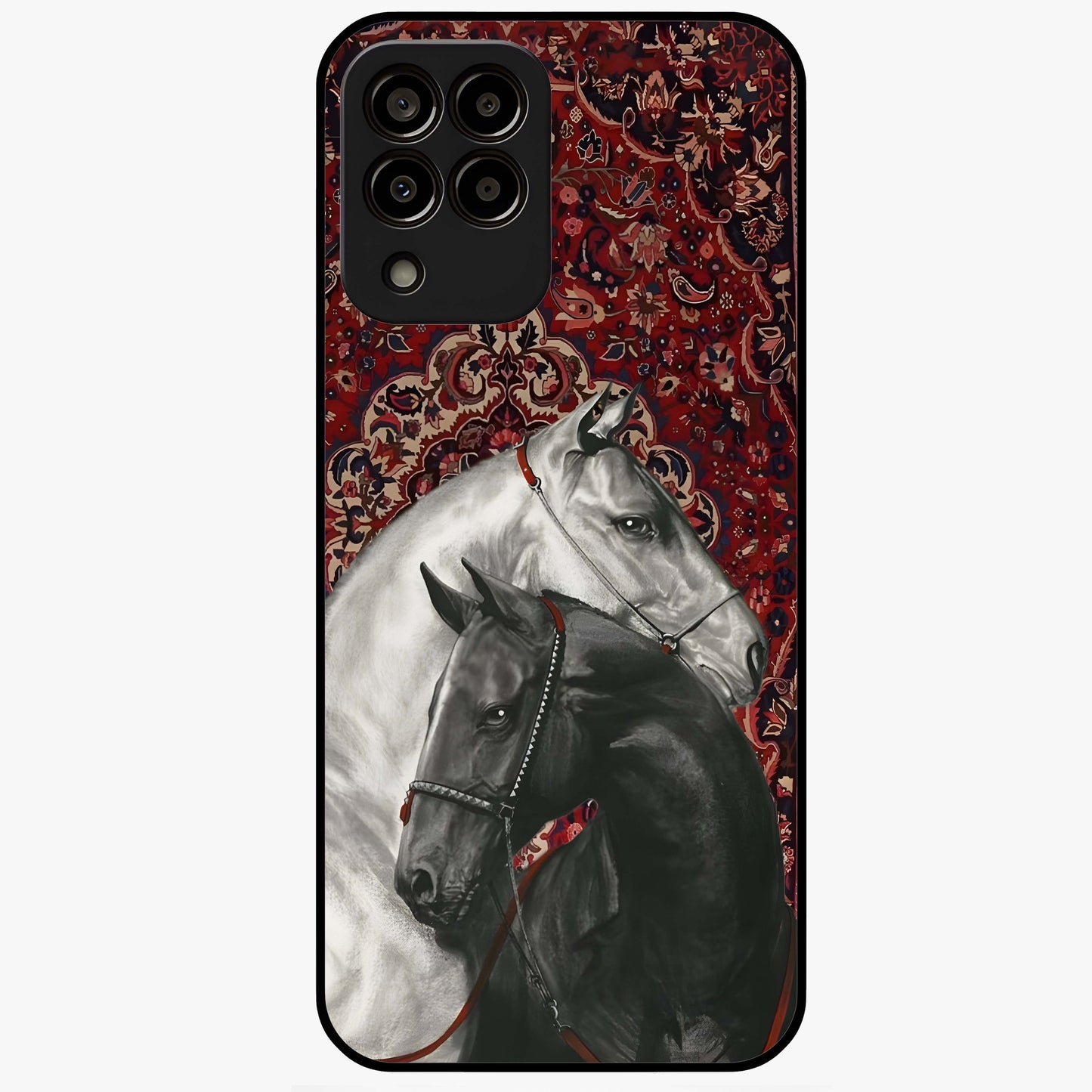 Regal Stallion Tapestry Glass Case showing flat back view with majestic horse tapestry artwork and glossy glass finish.