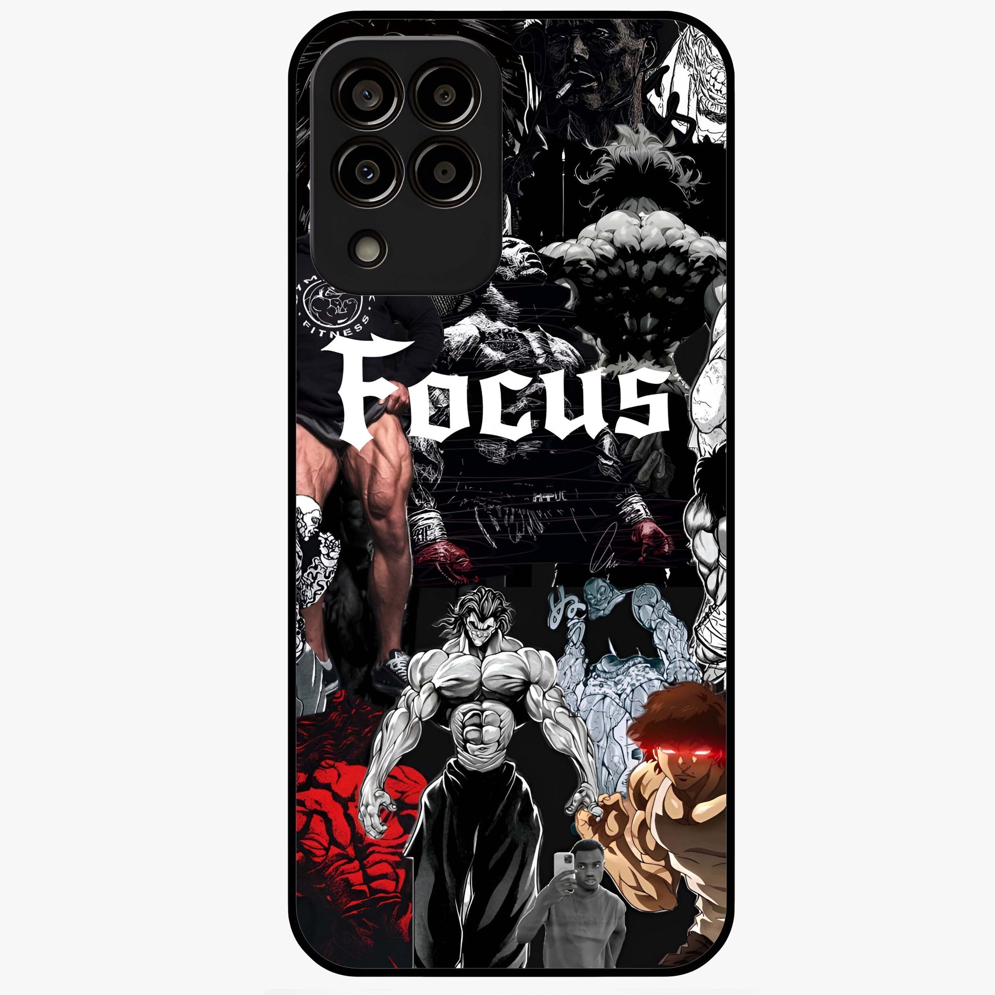 Relentless Power Focus Glass Case showing flat back view with motivational typography artwork and glossy glass finish.