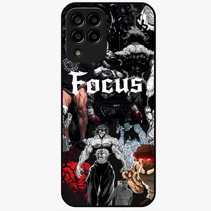 Relentless Power Focus Glass Case showing flat back view with motivational typography artwork and glossy glass finish.