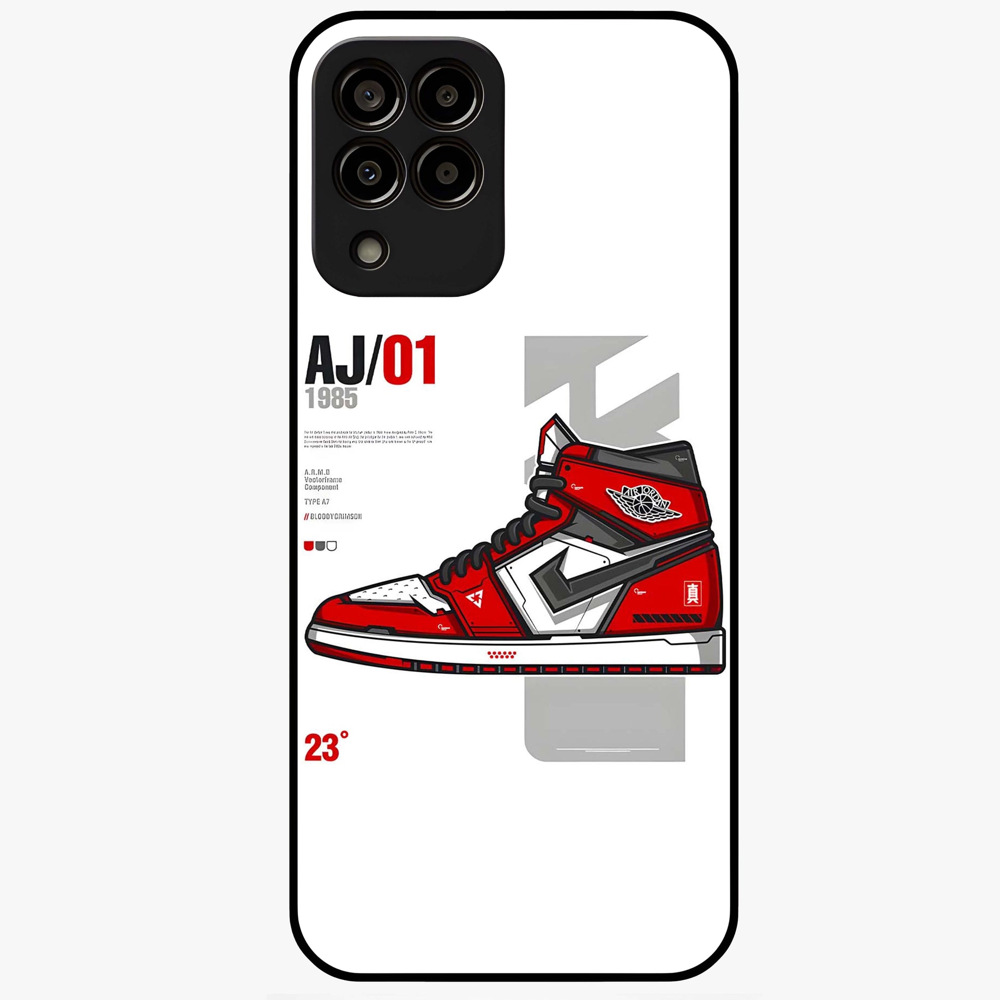 Retro Sneaker Blueprint Glass Case showing flat back view with sneaker blueprint style artwork and glossy glass finish.