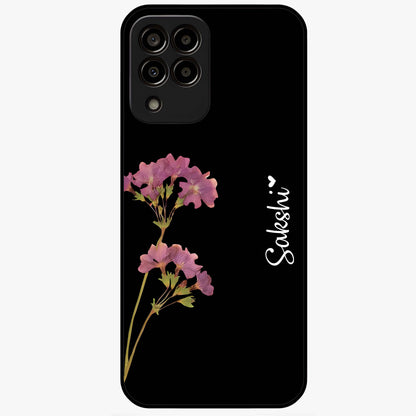 Riching Lavender Flower Custom Name Glass Case showing flat back view with lavender floral artwork and personalized name design.