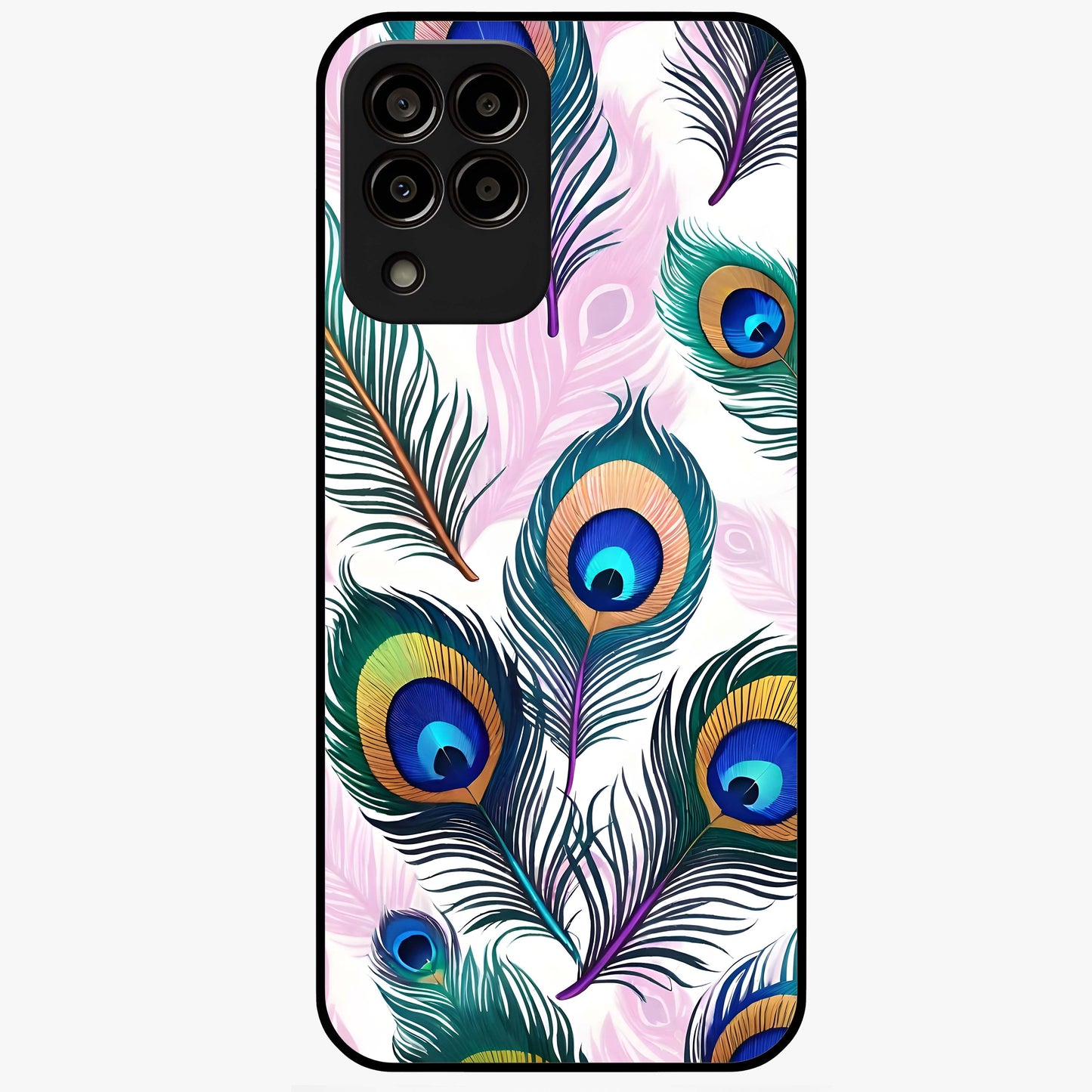Royal Peacock Feathers Glass Case showing flat back view with colorful peacock feather artwork and glossy glass finish.