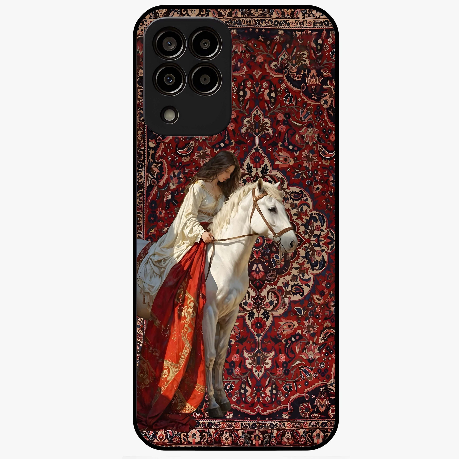 Royal Rider Tapestry Glass Case showing flat back view with majestic horse rider tapestry artwork and glossy glass finish.