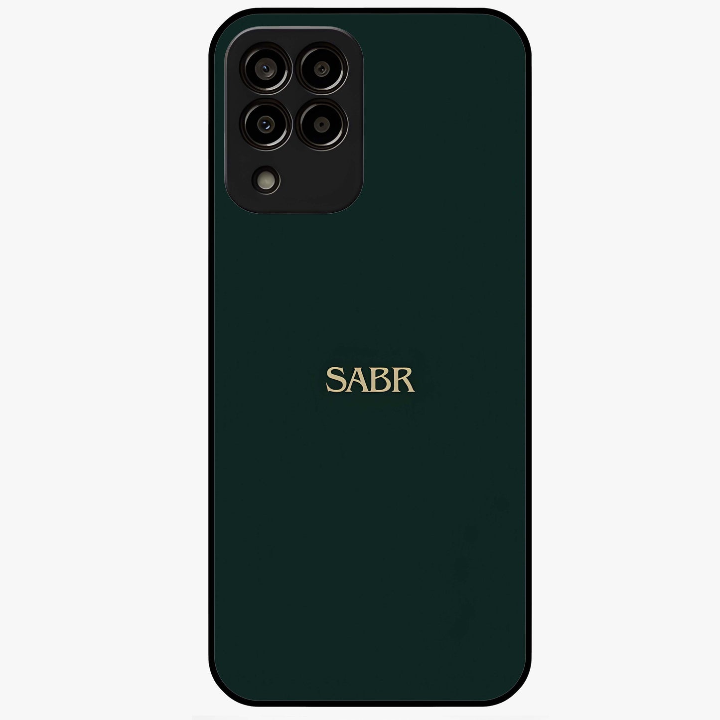 Sabr Minimal Patience Glass Case showing flat back view with minimalist typography artwork and glossy glass finish.