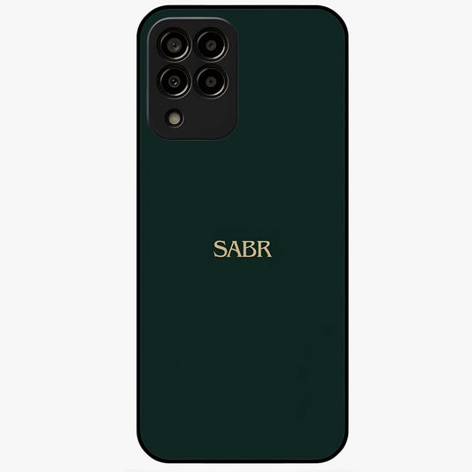 Sabr Minimal Patience Glass Case showing flat back view with minimalist typography artwork and glossy glass finish.