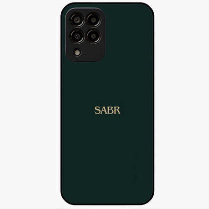 Sabr Minimal Patience Glass Case showing flat back view with minimalist typography artwork and glossy glass finish.