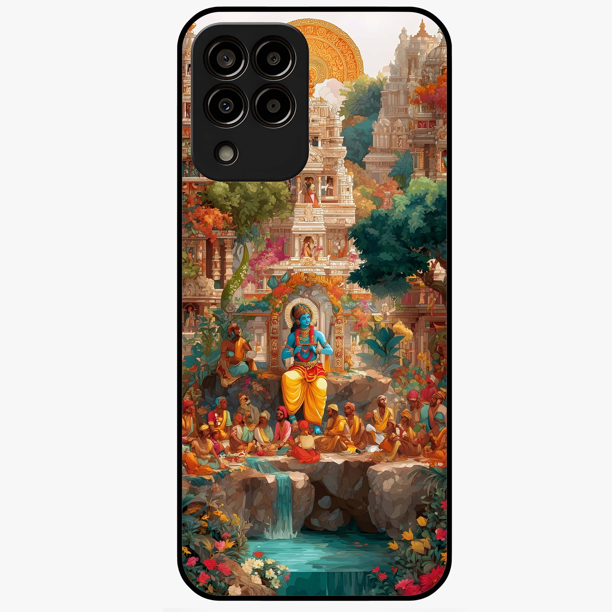 Sacred Sunlight Gods Glass Case showing flat back view with divine sunlight themed artwork and glossy glass finish.