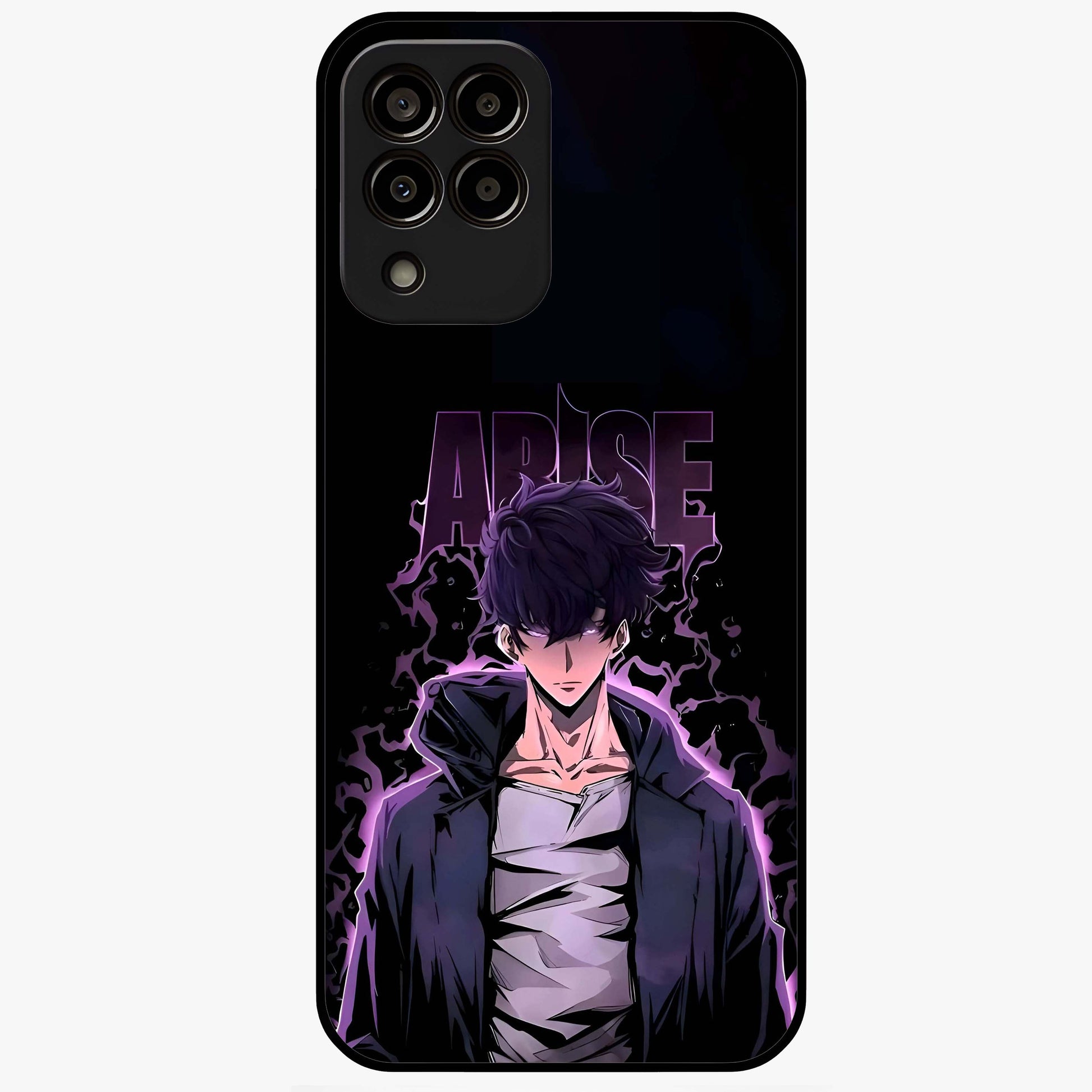 Shadow Monarch Awakening Glass Case showing flat back view with powerful dark monarch themed artwork and glossy glass finish.