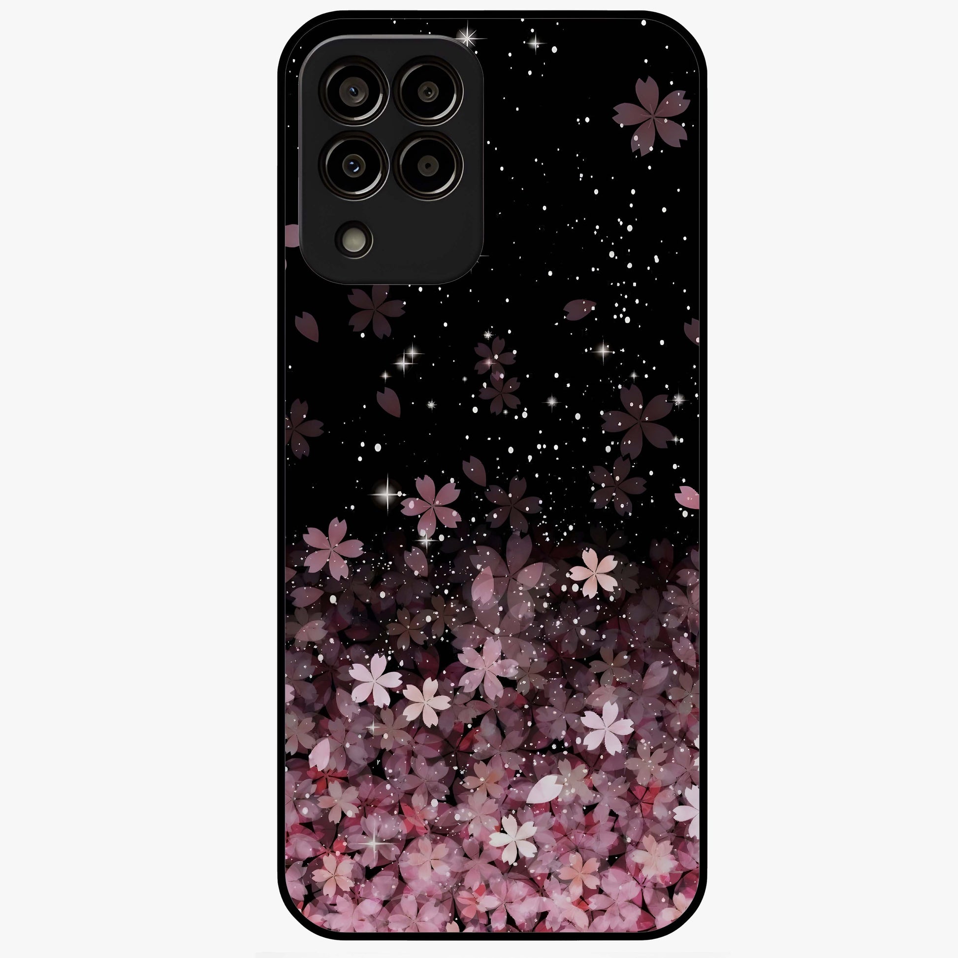 Small Starry Flowers Glass Case showing flat back view with delicate starry floral artwork and glossy glass finish.