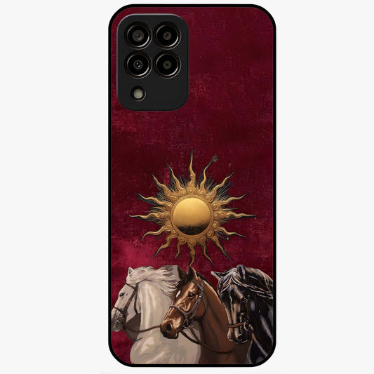Solar Riders Glass Case showing flat back view with dynamic rider themed artwork and glossy glass finish.