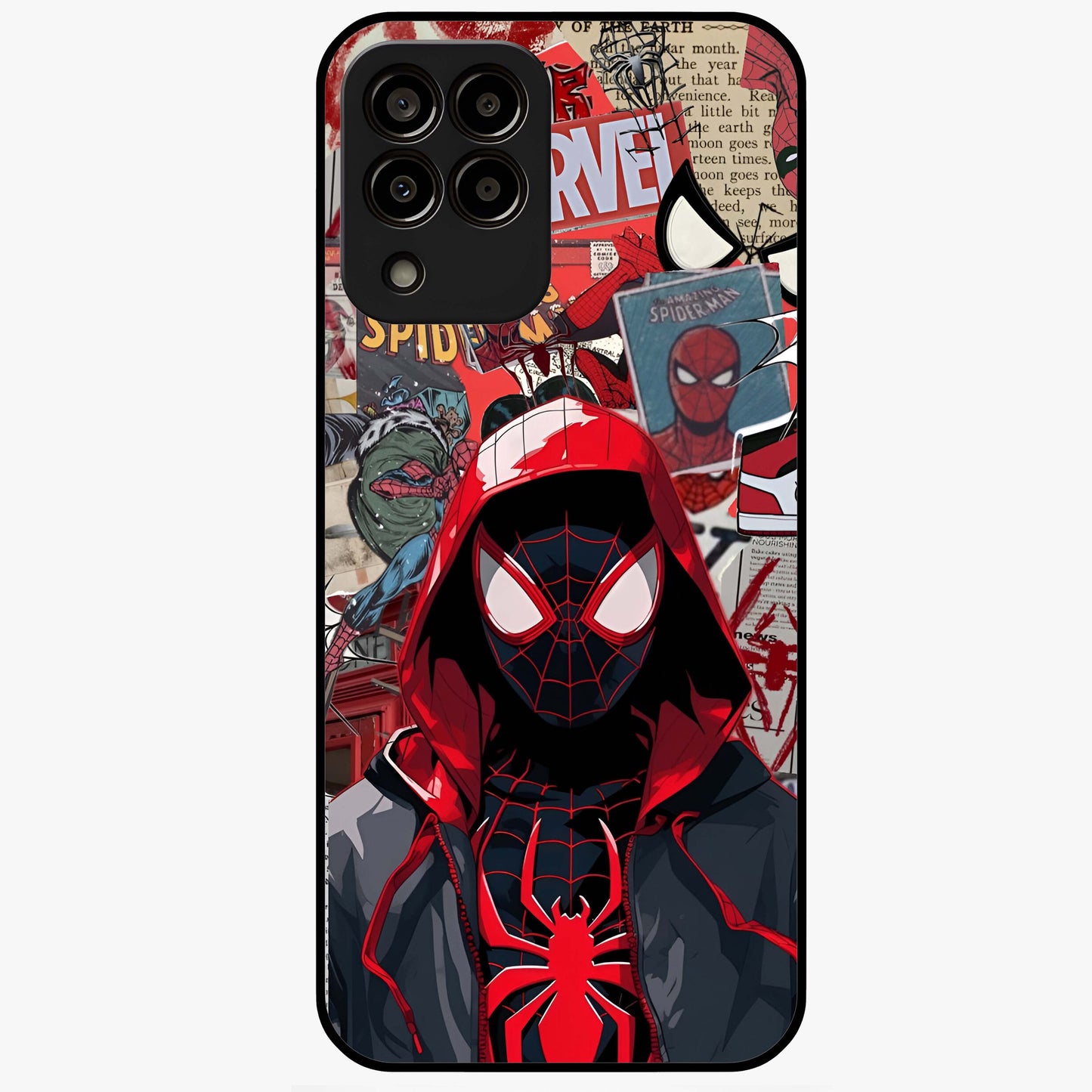 Spider Collage Street Glass Case showing flat back view with vibrant superhero collage artwork and glossy glass finish.