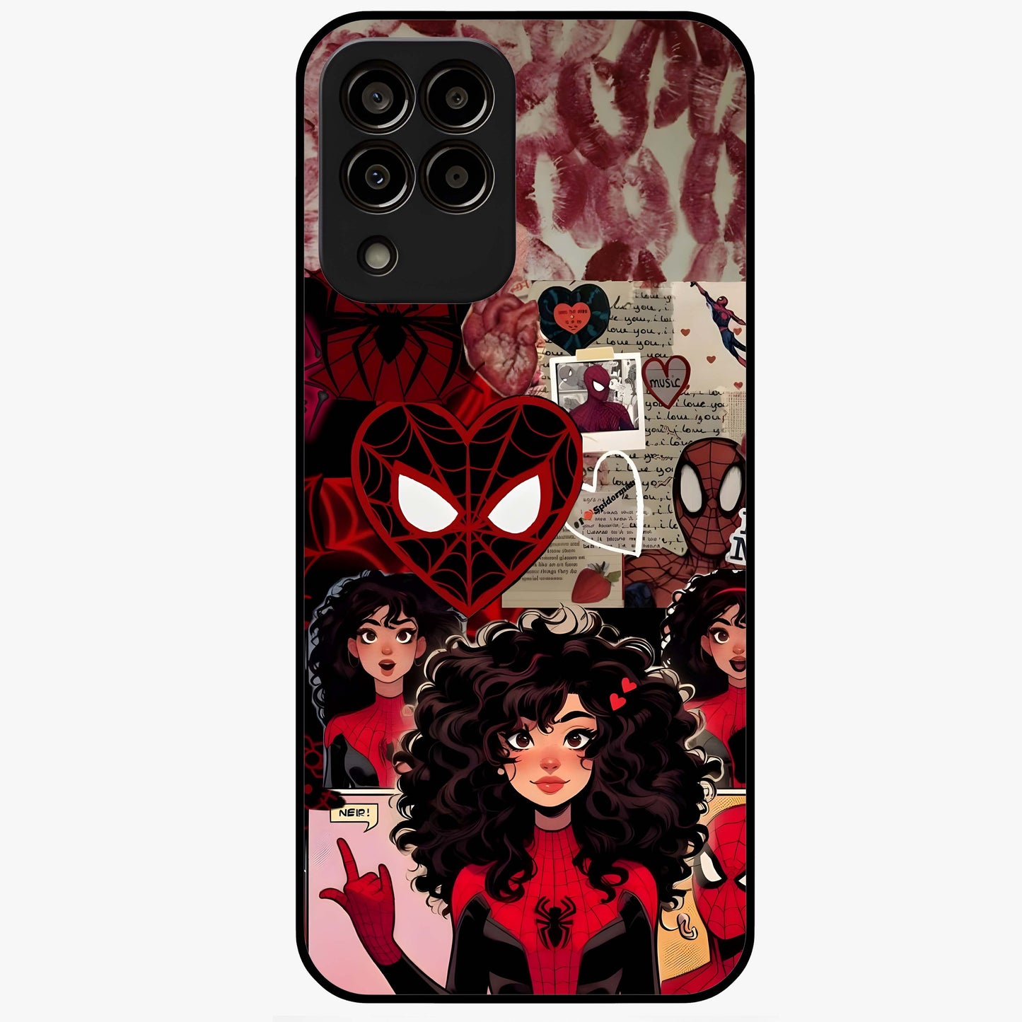 Spider Love Story Glass Case showing flat back view with romantic superhero themed artwork and glossy glass finish.