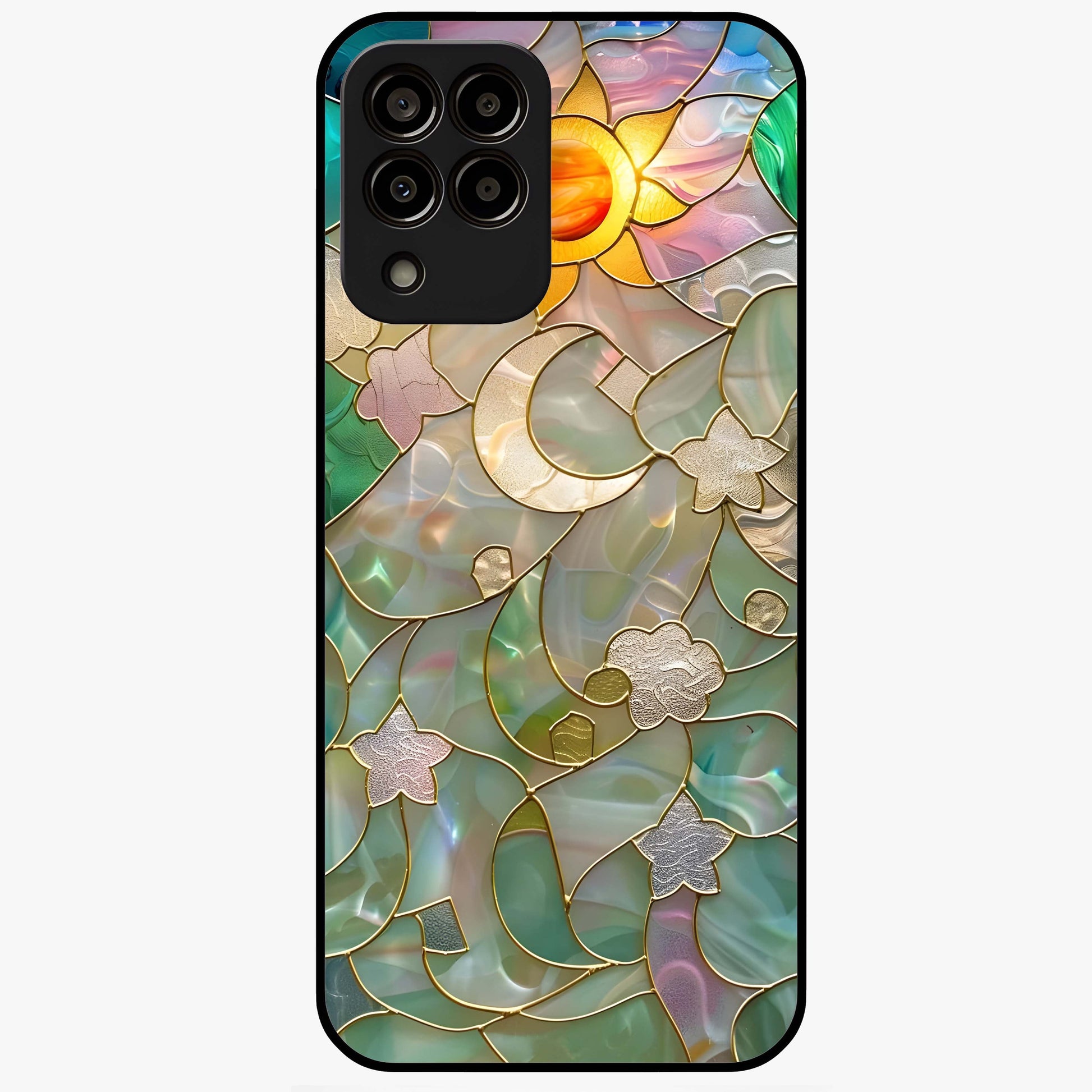 Stained Sunrise Glow Glass Case showing flat back view with glowing sunrise stained pattern artwork and glossy glass finish.