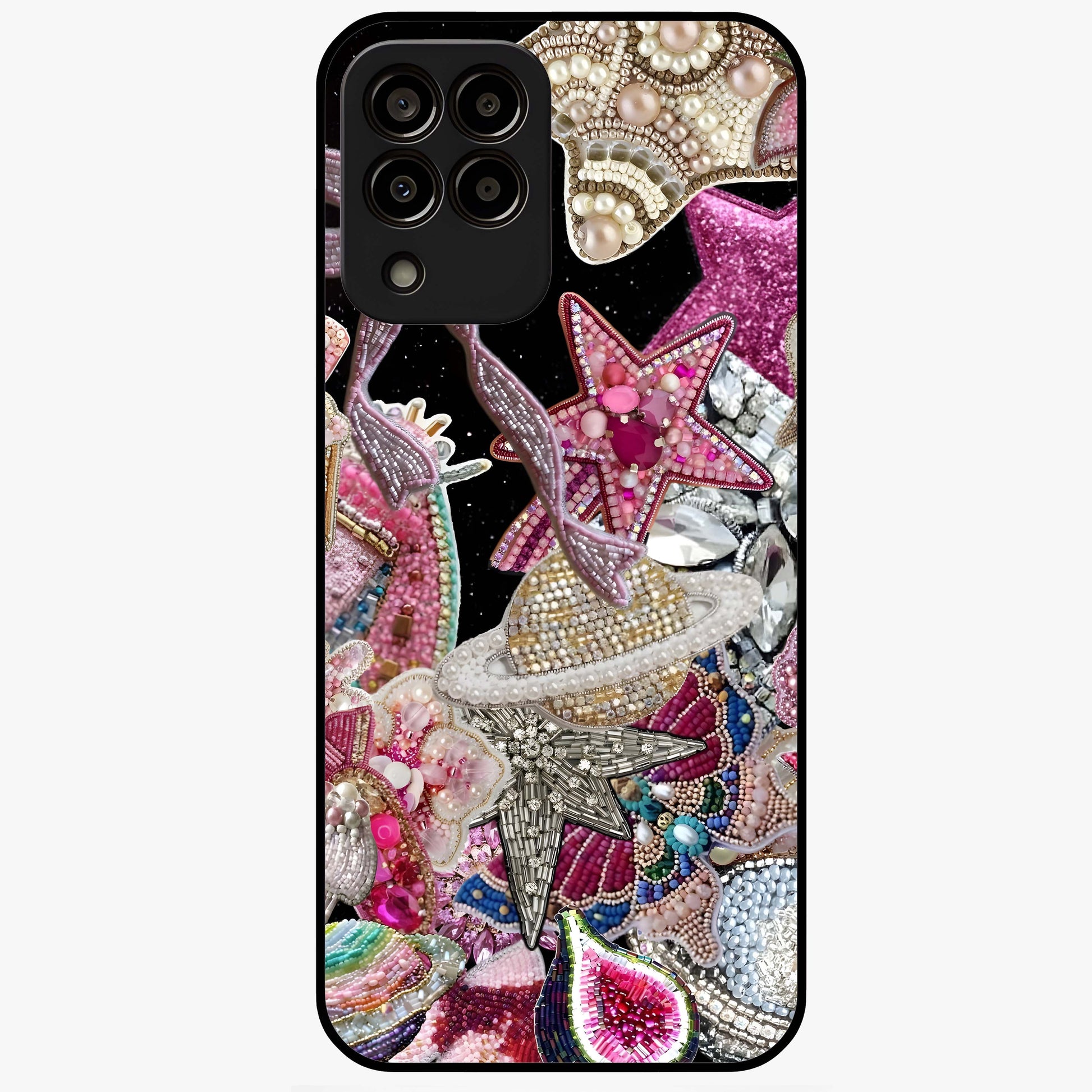 Starlit Jewel Dream Glass Case showing flat back view with sparkling jewel and star themed artwork and glossy glass finish.