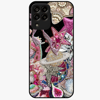 Starlit Jewel Dream Glass Case showing flat back view with sparkling jewel and star themed artwork and glossy glass finish.