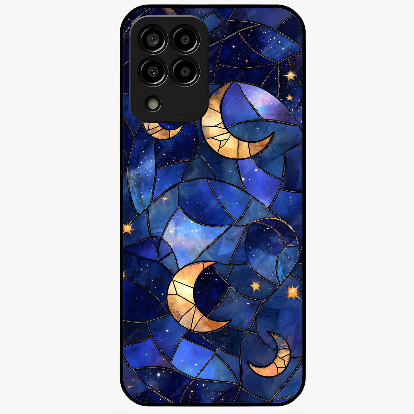 Starlit Sky Tapestry Glass Case showing flat back view with decorative starry sky tapestry artwork and glossy glass finish.