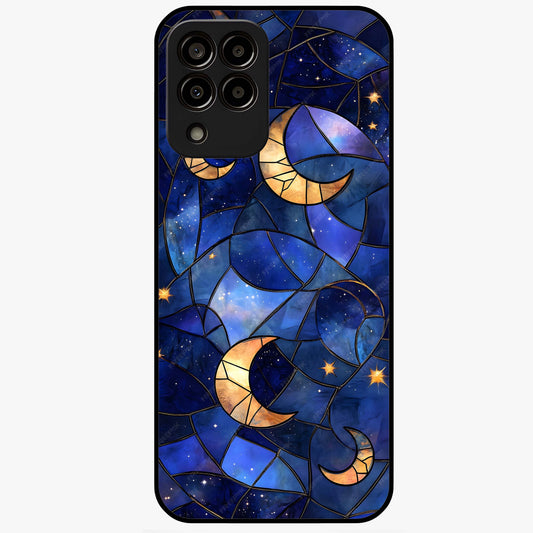 Starlit Sky Tapestry Glass Case showing flat back view with decorative starry sky tapestry artwork and glossy glass finish.