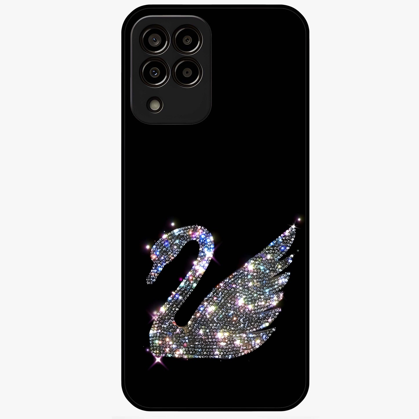 Starlit Swan Grace Glass Case showing flat back view with graceful swan artwork under starry sky and glossy glass finish.