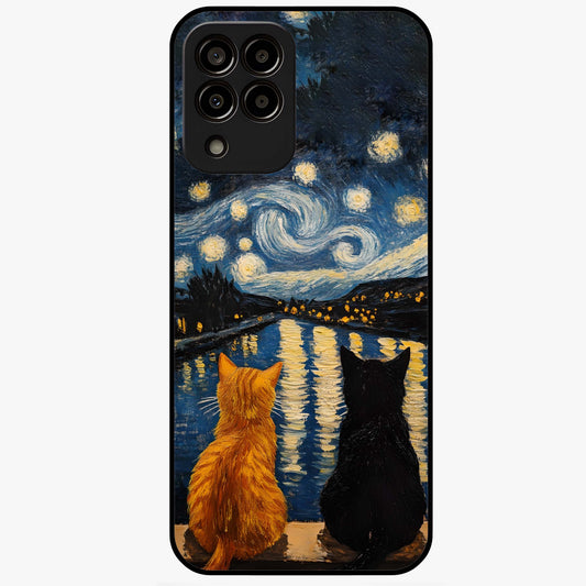 Starry River Cats Glass Case showing flat back view with cats by a starry river artwork and glossy glass finish.