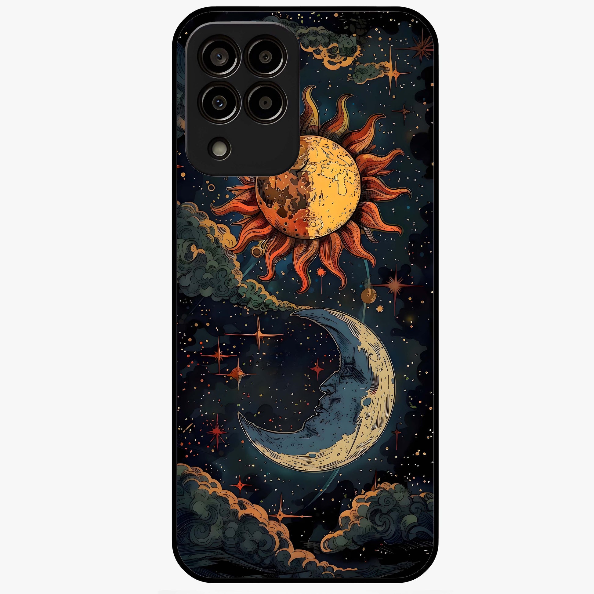 Sun And Moon Magic Design Glass Case showing flat back view with mystical sun and moon artwork and glossy glass finish.
