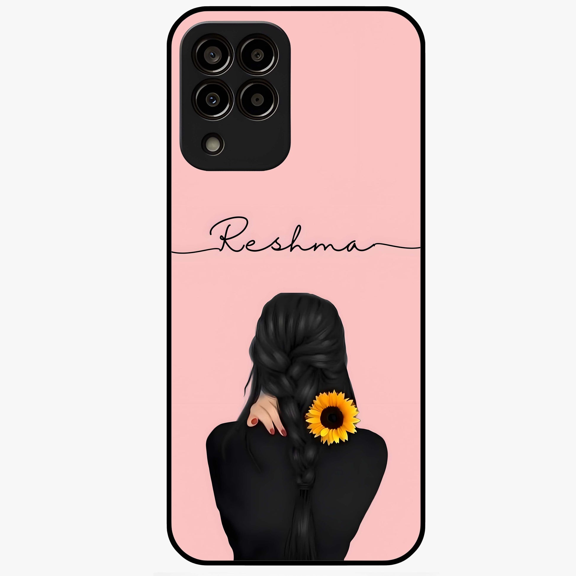 Sunflower Braid Beauty With Custom Name Glass Case showing flat back view with sunflower braid artwork and personalized name design.