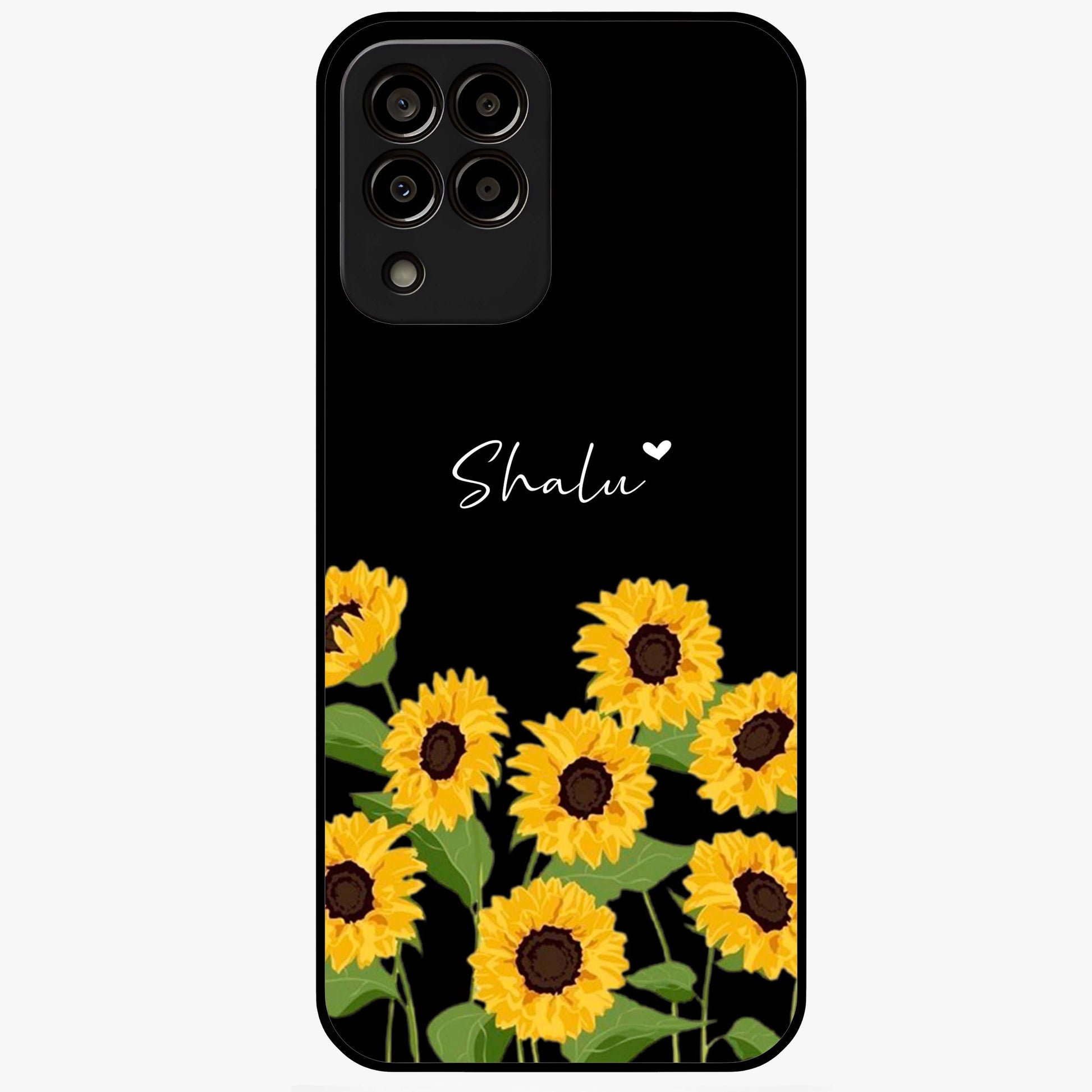 Sunflower Chic Mood Custom Name Glass Case showing flat back view with stylish sunflower artwork and personalized name design.